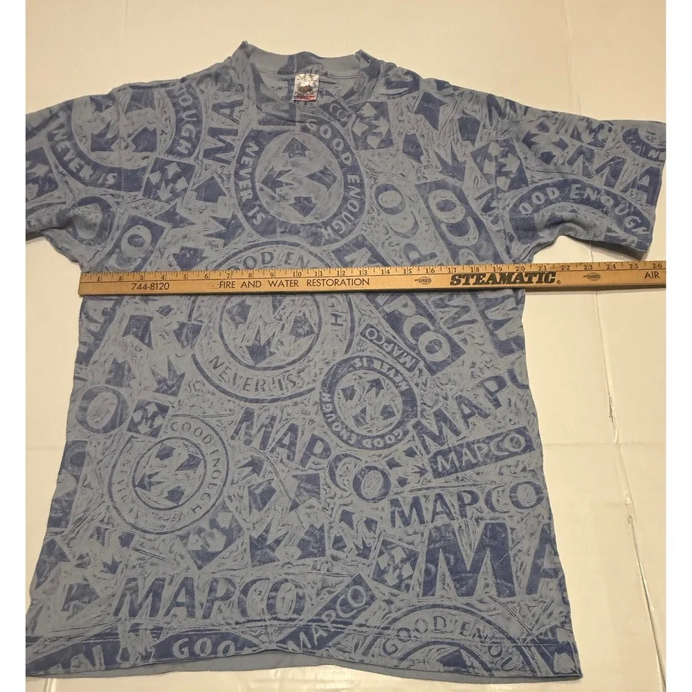 Vintage 90s Fruit of the‎ Loom MAPCO AOP T Shirt Blue Single Stitch Large